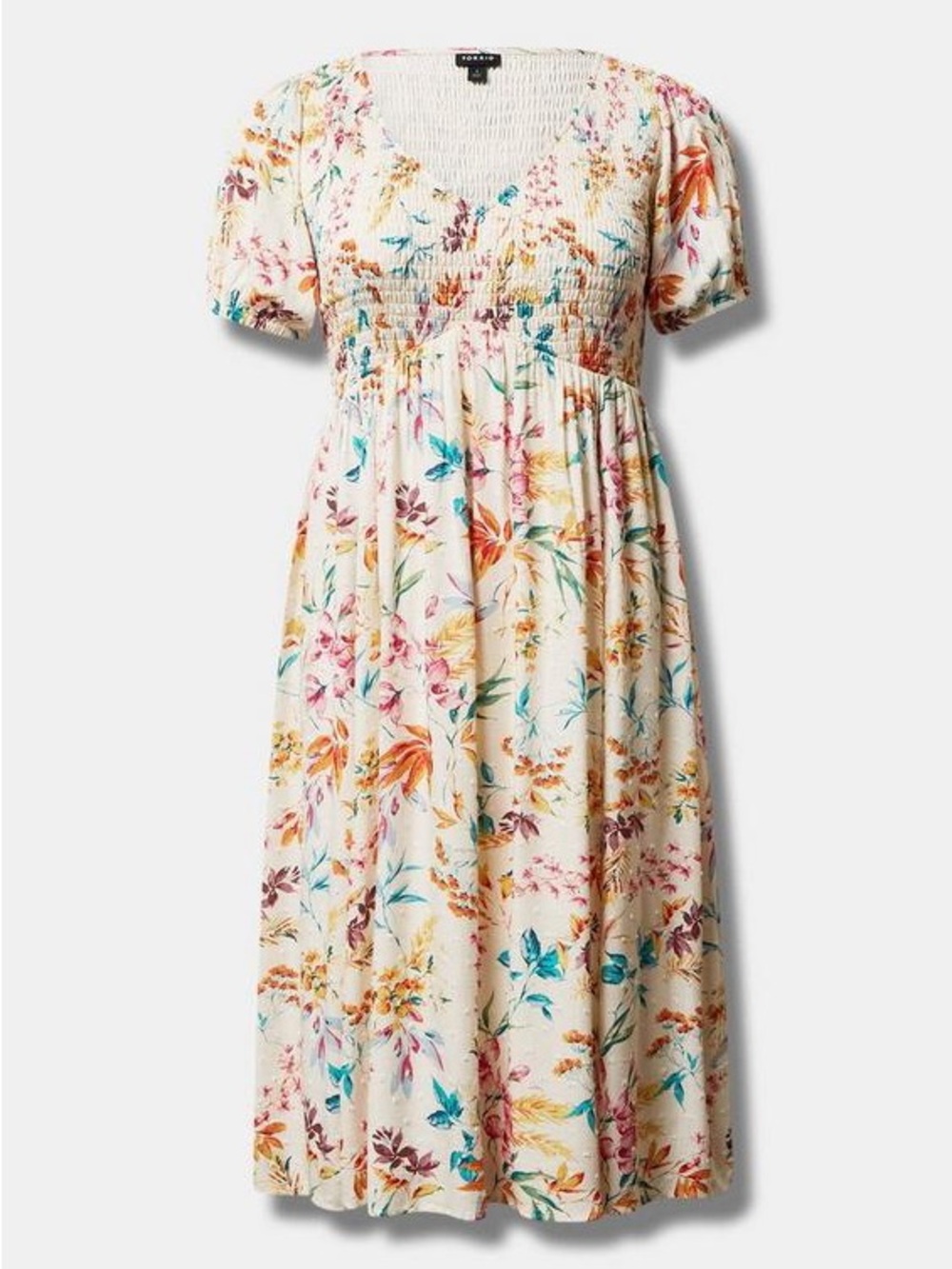 💐 Floral Elegance! Torrid Floral Swiss Dot Shirred Bust Midi Dress 🌿